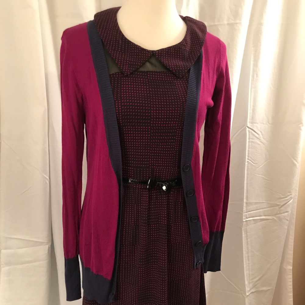 Black and Magenta Dot Dress w/ Magenta Cardigan